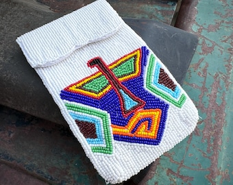 Vintage Beaded Clutch Purse White w/ Thunderbird Design, Fold-Over Flap, Handle-less Pouch Bag