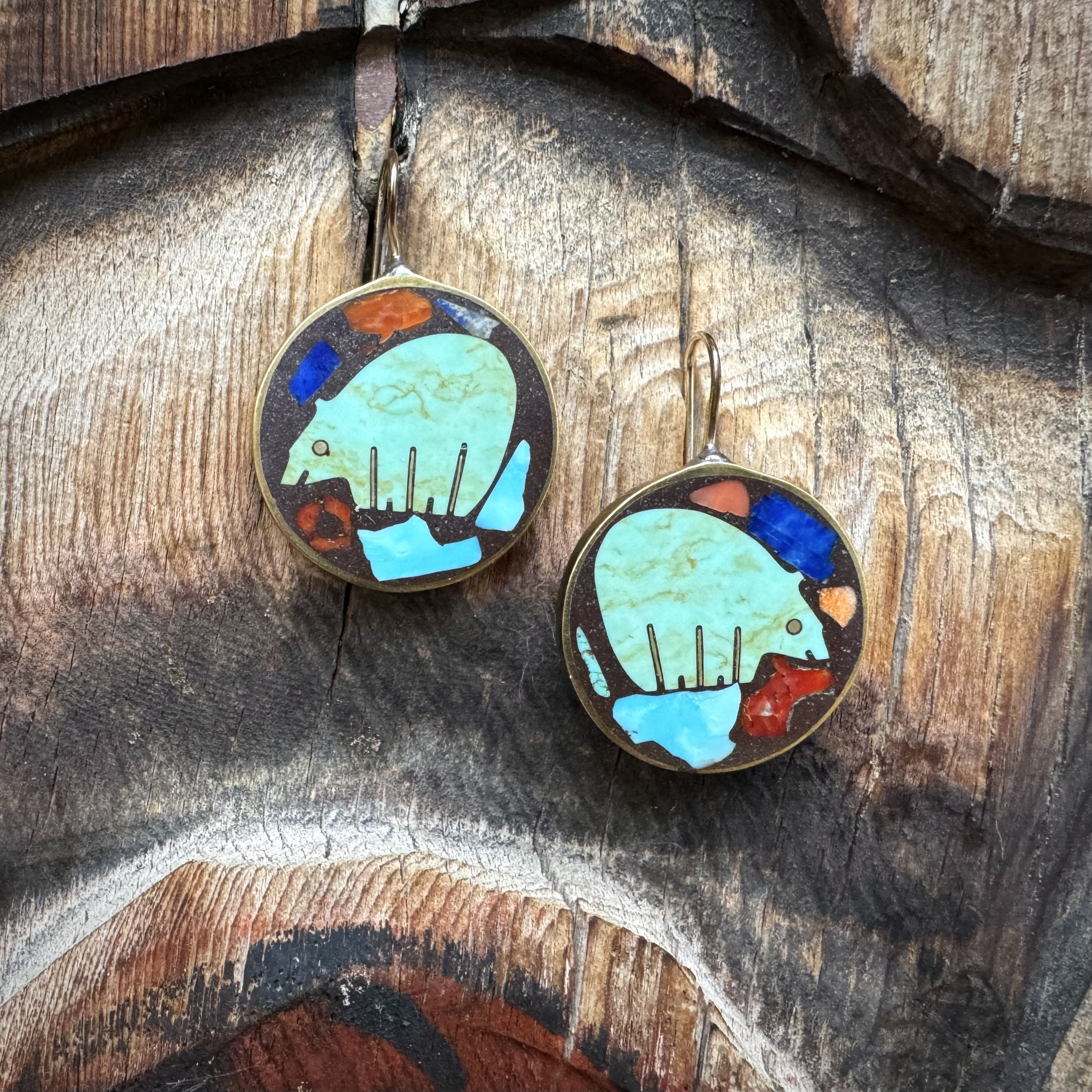Vintage Shows Studio Multi-Stone Turquoise Bear Inlay on Brass Earrings ...