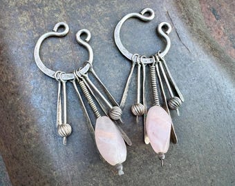 Vintage Pair of Sterling Silver Ear Cuffs with Spears & Rose Quartz Dangle