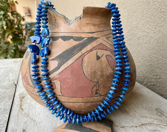 Two-Strand Lapis Lazuli Bead Necklace with Bear Fetishes, Approx 35", Southwestern Native American
