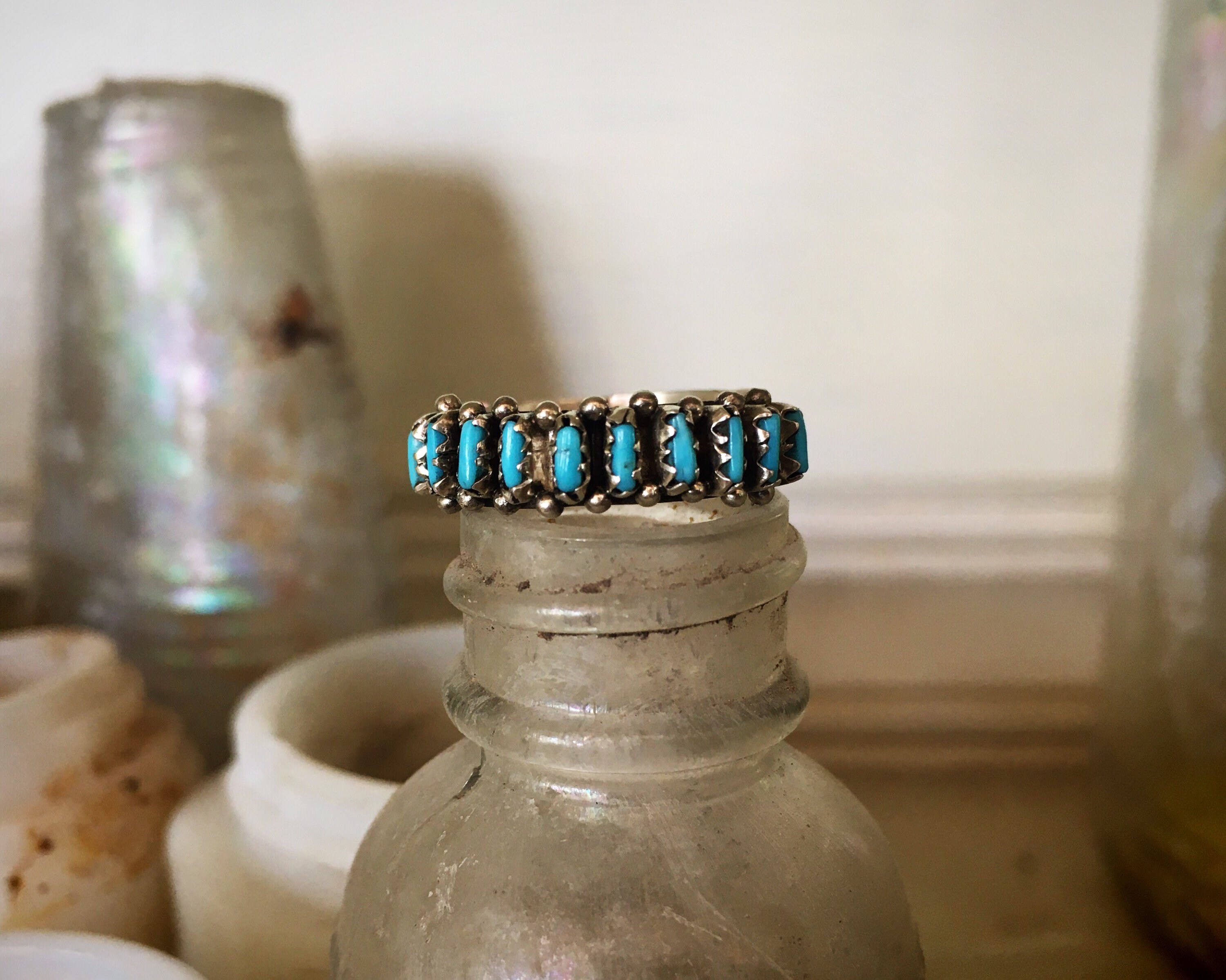 Size 6.25 Signed Zuni Needlepoint Turquoise Ring for Women, Vintage