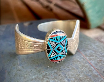 Vintage Roderick and Marilyn Tenorio for Relios Turquoise Inlay Cuff Bracelet, Geometric Sterling Silver, Native American Southwest Jewelry