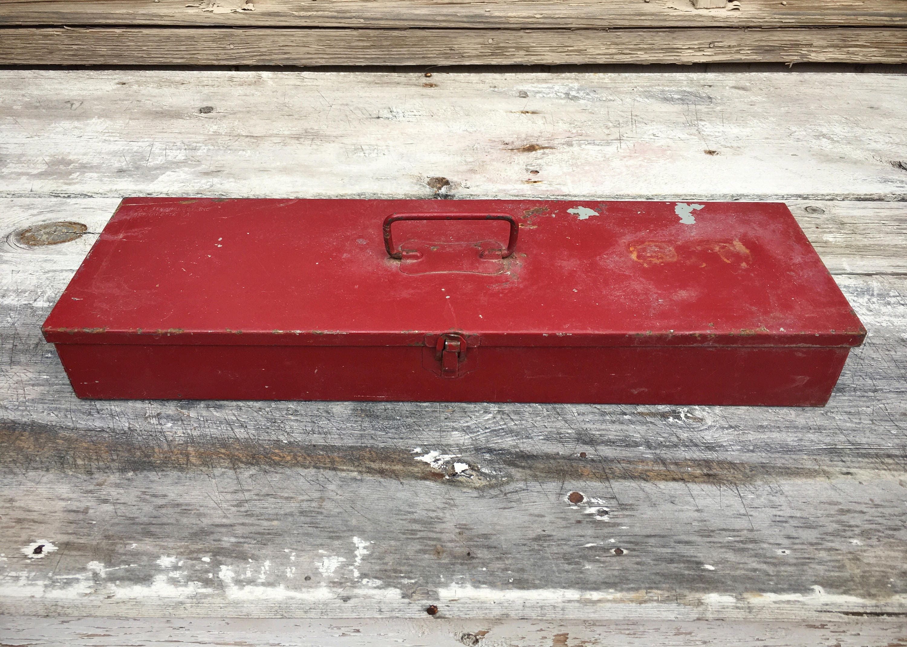 Vintage flat metal tool box red chippy paint with divider for art