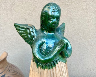 12" Tall Vintage Green Glaze Pottery Angel Statue or Wall Hanging, Oaxaca Mexican Pottery Folk Art
