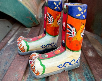 Pair of Vintage Colorful Carved Wooden Boots Figurine, Bhutanese Himalayan Folk Art