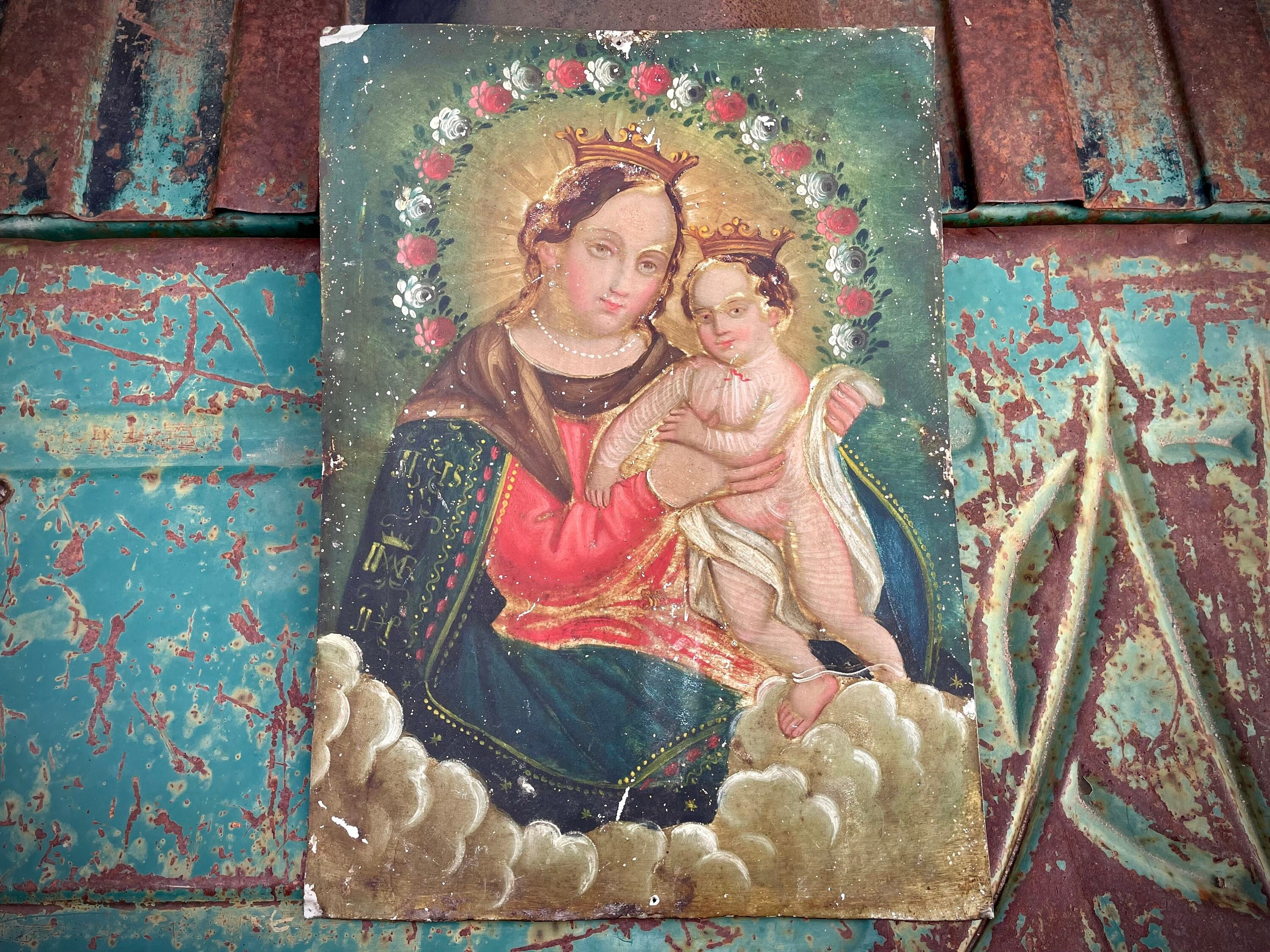 Antique Mexican Painting on Tin of Nuestra Senora del Refugio Madonna