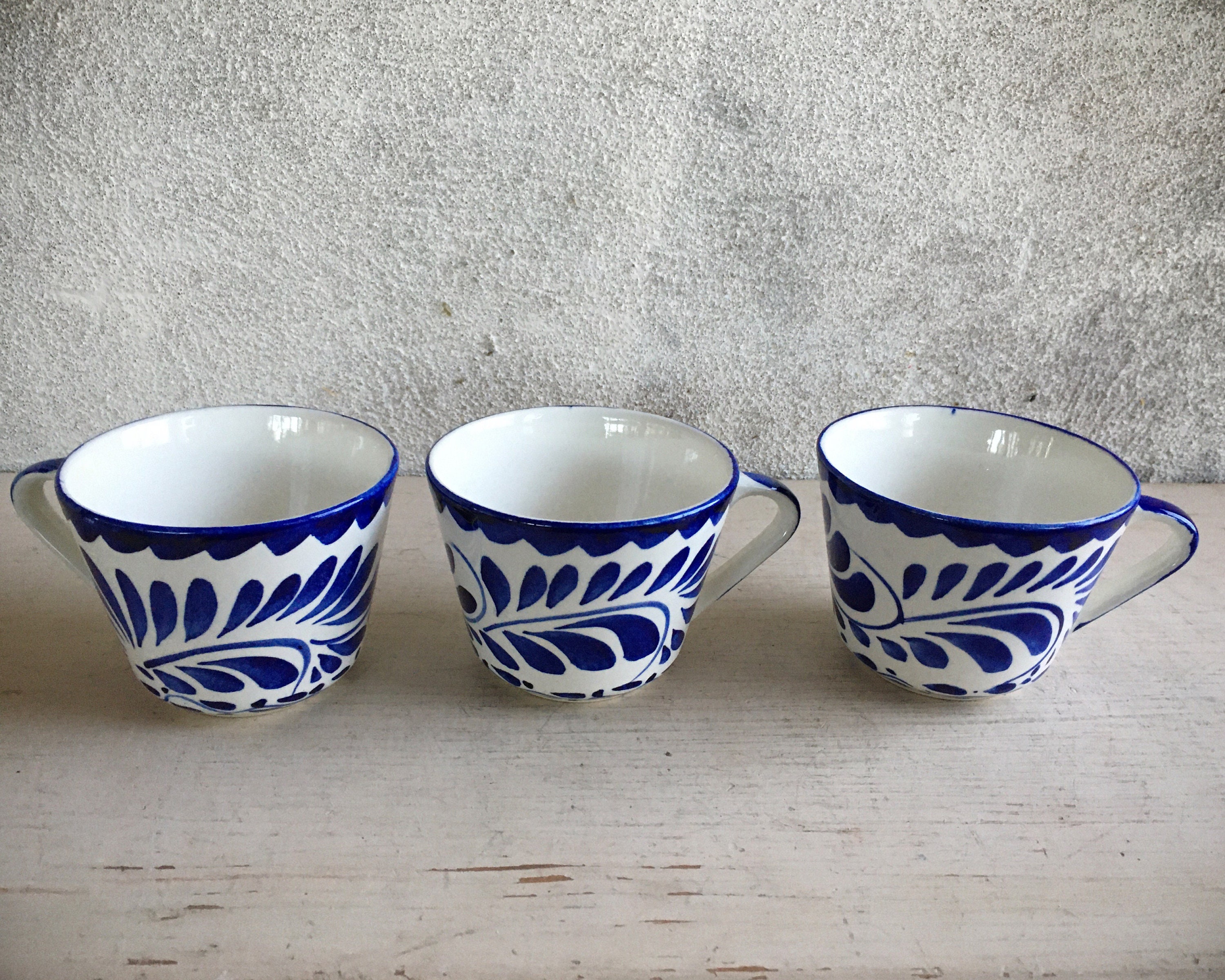 Three Vintage Mexican Anfora Puebla Blue Cups, Blue and White Talavera