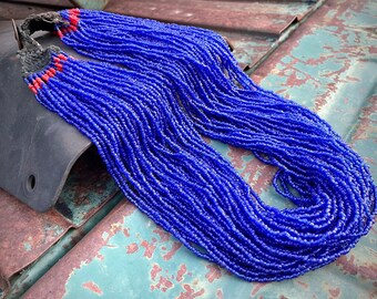 Vintage Multi-Strand Blue Glass Seed Bead Necklace Nagaland with Coin Closure, Tribal Jewelry