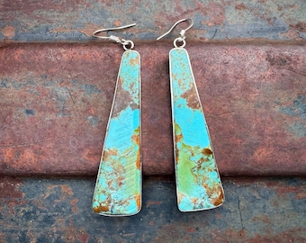 Slab Turquoise w/ Thin Silver Wire Frame Dangle Earrings 3", Thin Profile