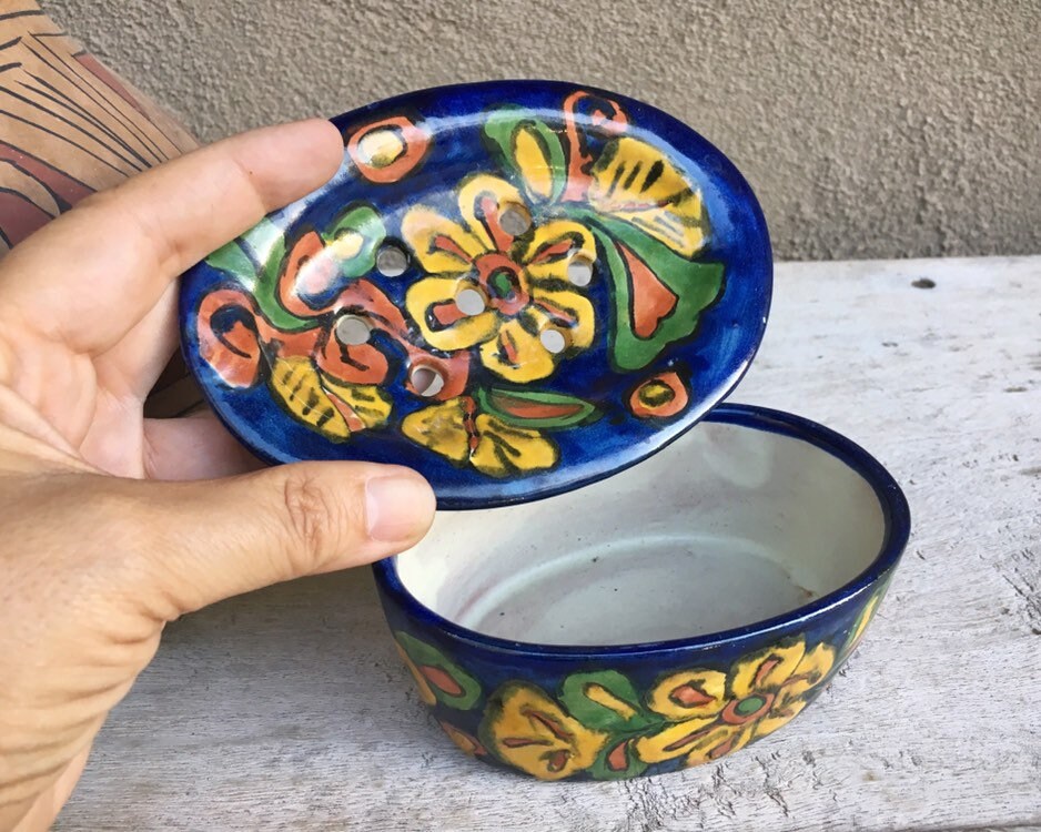 HandPainted Talavera Pottery Soap Dish Dark Blue Yellow Floral Pattern, Rustic Southwestern