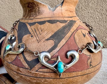 Navajo Sandcast Silver Turquoise Necklace with Handmade Link Chain Approx 21", Native American