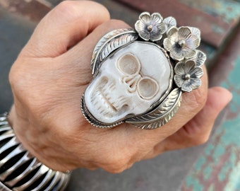 Large Adjustable Skeleton Skull Ring in Silver Plated Bezel, Day of the Dead Jewelry