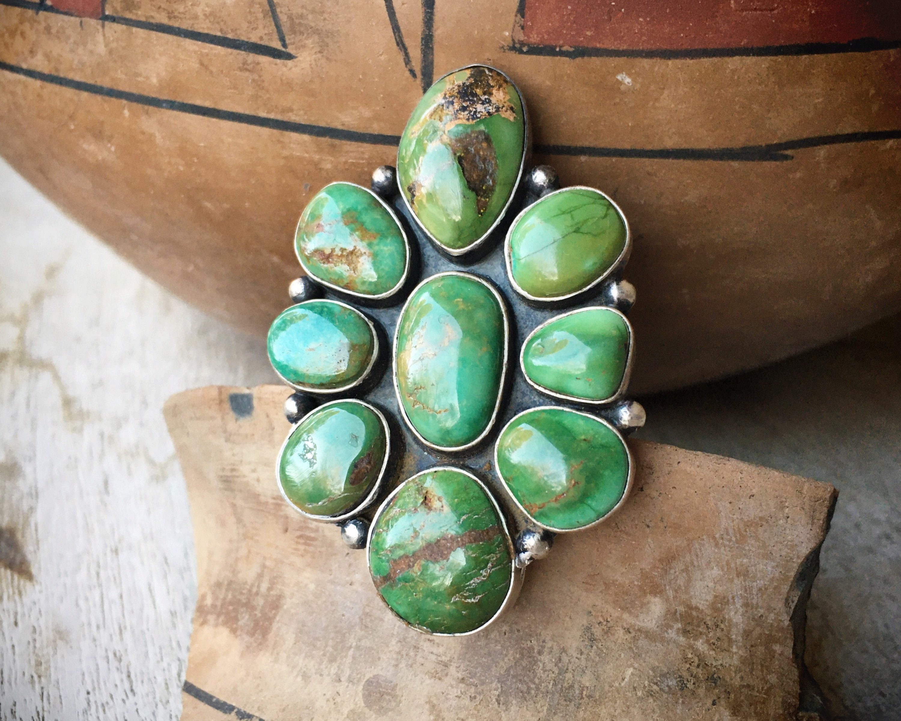 Huge Navajo Green Turquoise Cluster Ring for Women Size 7, Navajo