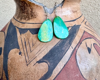 Thin Slab Blue-Green Turquoise Earrings, Native American Southwestern Dangles