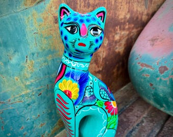 Mexican Pottery Cat Coin Bank Teal Blue w/ Colorful Designs 11.5" Tall