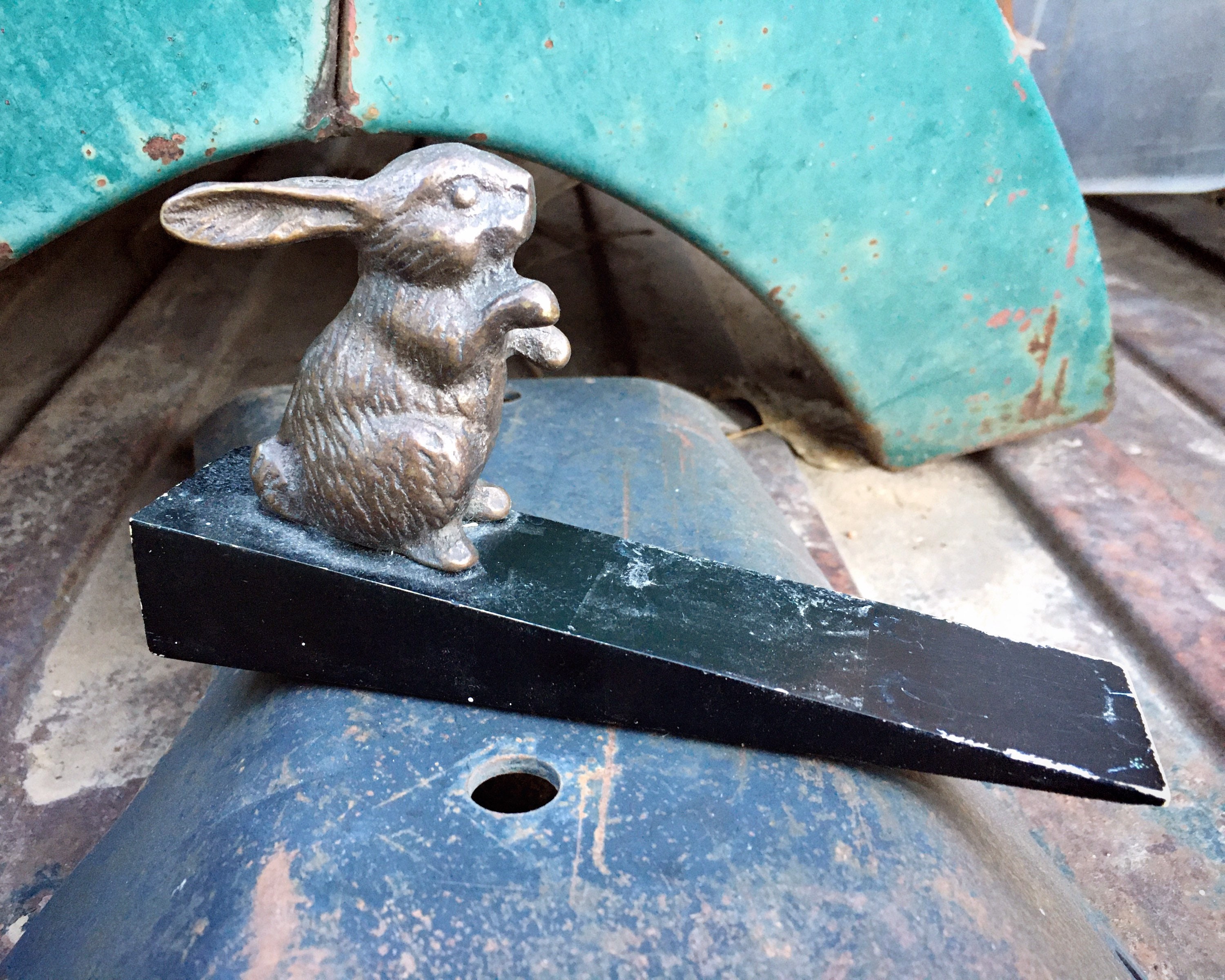 Vintage Solid Brass Bunny on Wood Wedge Door Stop, Farmhouse Decor