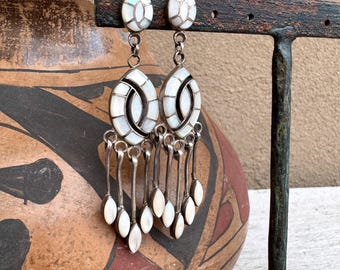 Vintage Mother of Pearl Earrings Channel Inlay Hummingbird Design, Approx 3"