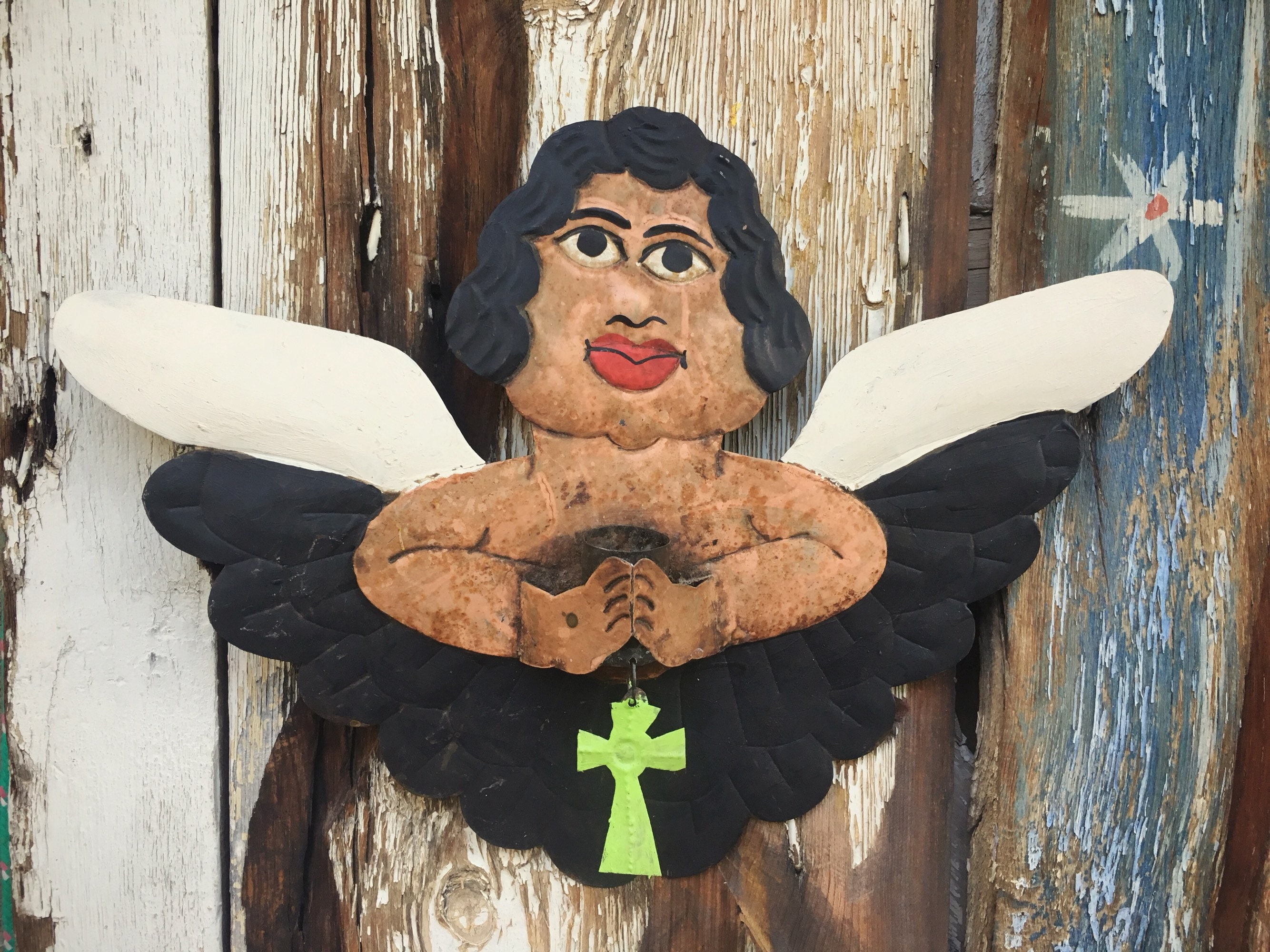 Rare Vintage Nahua Mexican Metal Angel with Wings Wall Hanging, Mexican