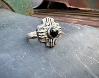 Sterling Silver Black Onyx Zia Symbol Ring Approx Size 11, Southwestern Jewelry Unisex