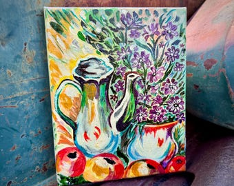 Unframed Still Life Original Painting Approx 8" by 10", Pitcher & Flowers, Expressionist Style