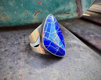 Vintage Sterling Silver Lapis Lazuli Channel Inlay Ring Size 7.75 to 8, Desert Rose Trading