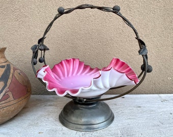 Antique Victorian Bride's Basket Metal Caddy w/ Pink White Depression Glass Bowl Ruffled Edge