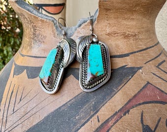 Vintage Turquoise Dangle Earrings w/ Leaf Design, Medium Size, Native American Jewelry