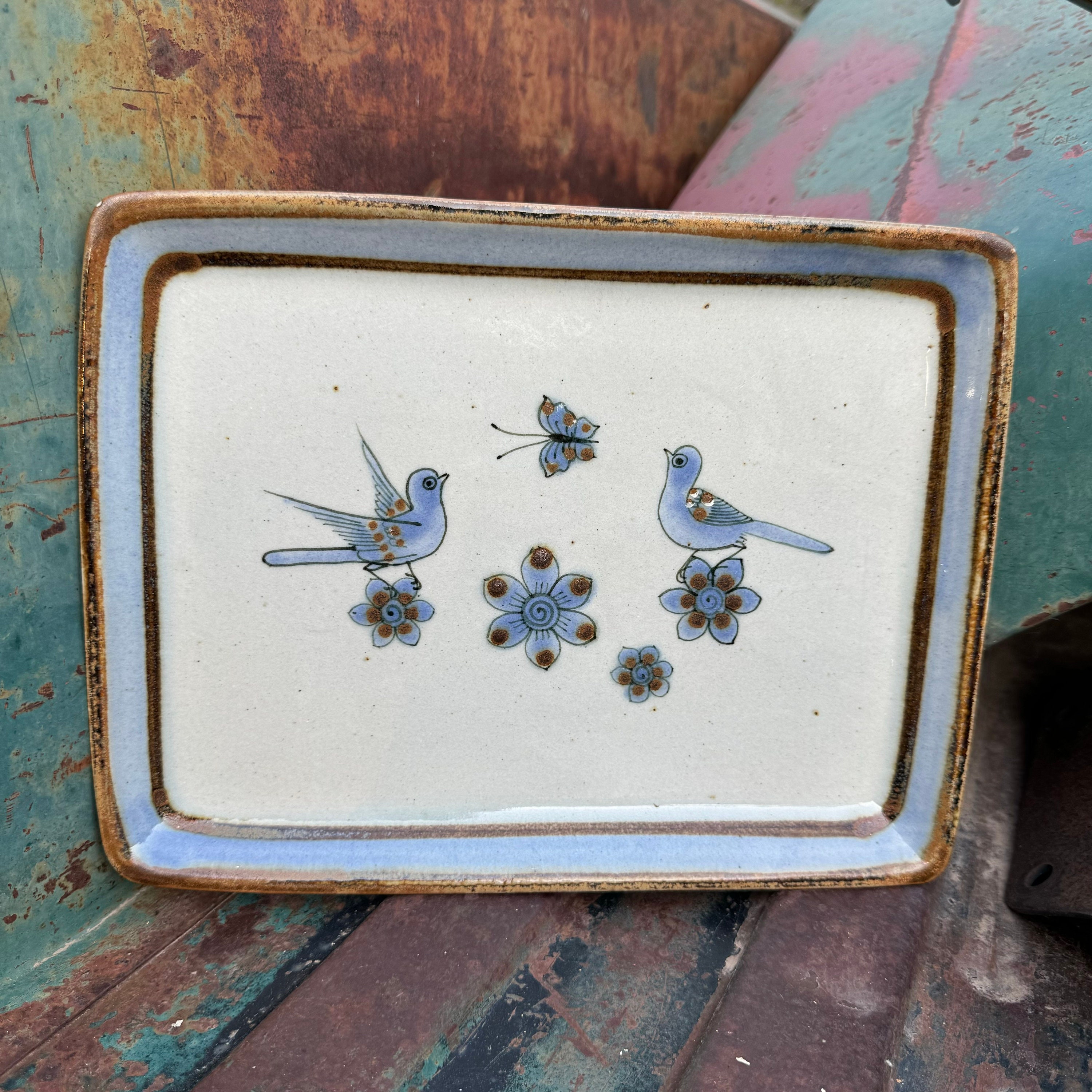 Vintage Tonala Pottery Tray Trinket Dish El Palomar Blue Birds