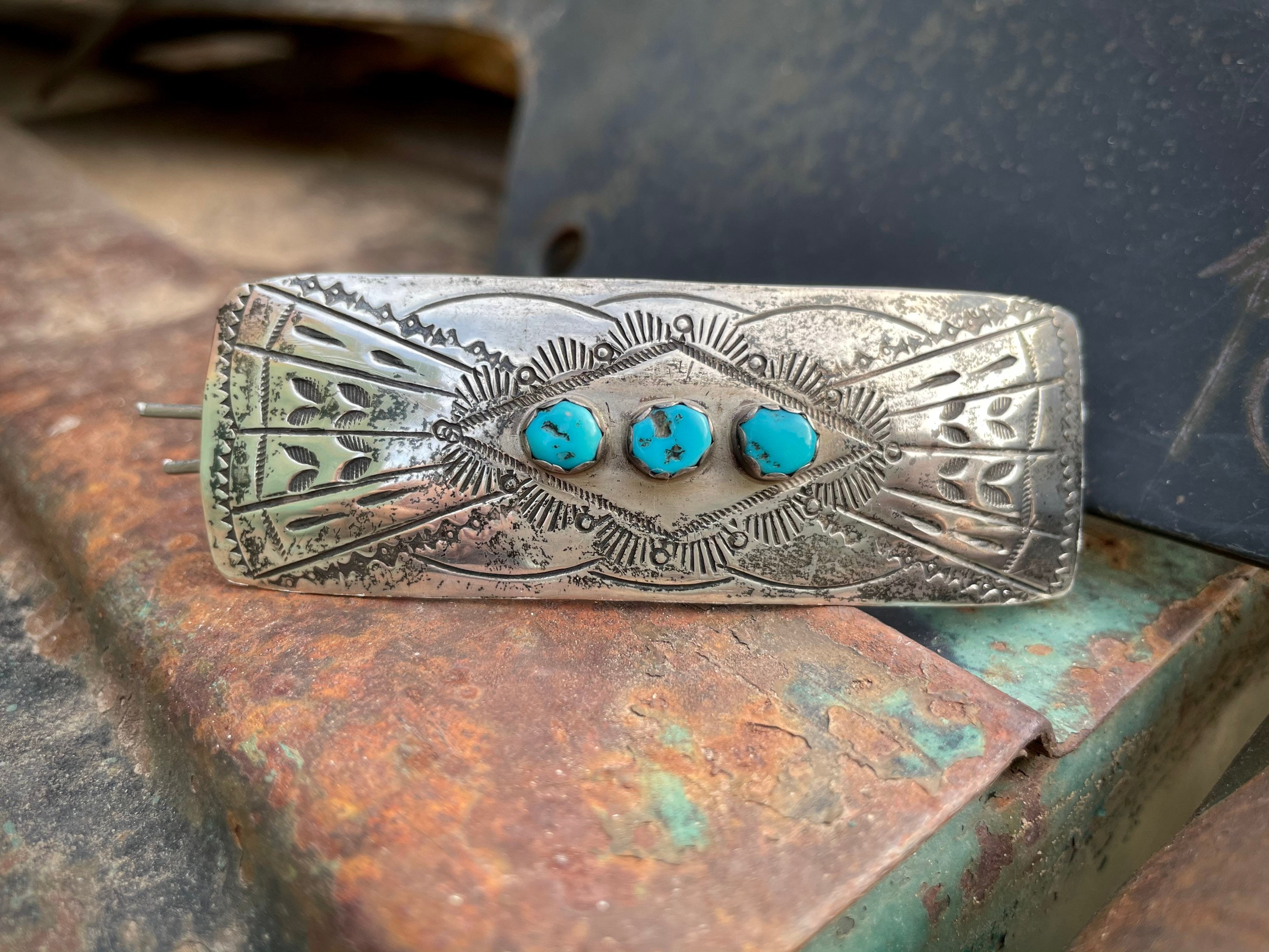 Vintage Sterling Silver Hair Barrette with Turquoise Big Yet Thin ...