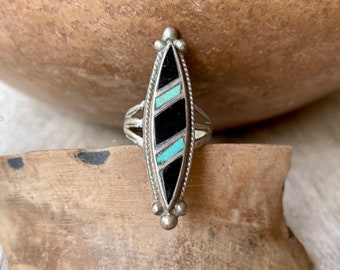 Vintage Turquoise Black Onyx Long Ring Size 5.5, Native America Indian Jewelry Gift Young Woman