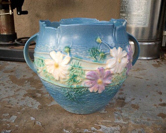 1940s Roseville Pottery Cosmos Blue Jardiniere Vase With - Etsy Singapore