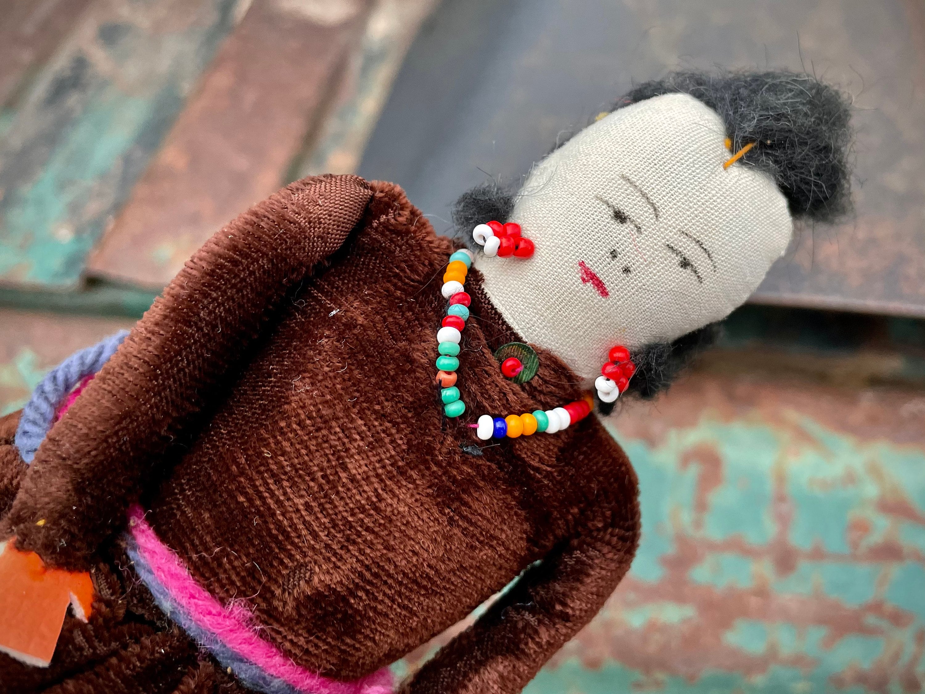 Vintage Navajo Pin Cushion Doll with Brown Velvet Blouse Skirt, Native