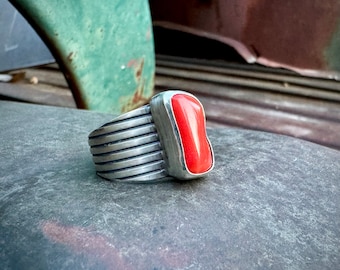 Heavy Sterling Silver Red Mediterranean Coral Ring Size 10.75 (Approx), Southwestern Jewelry