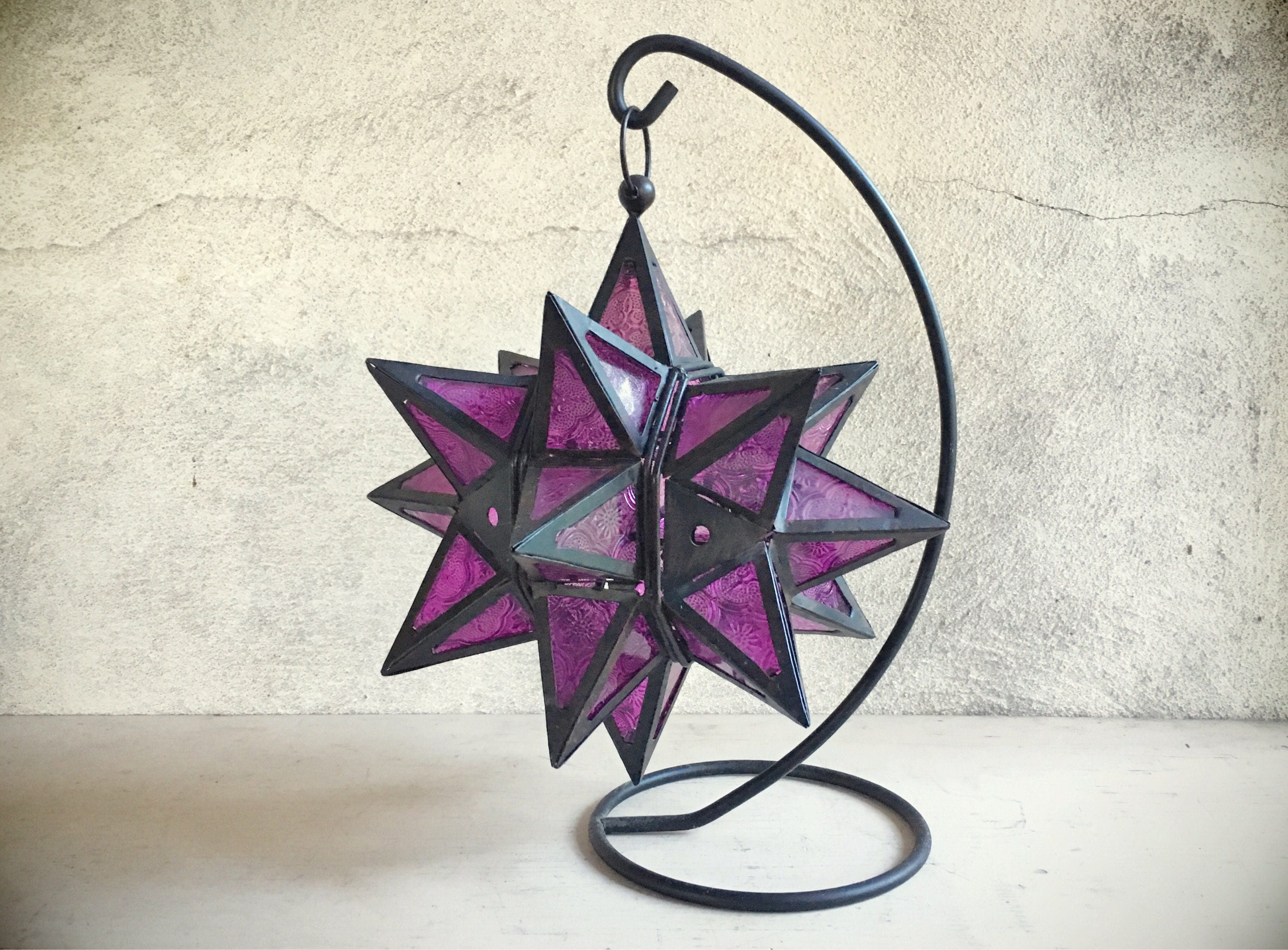 Vintage Moravian star pressed glass LED votive candle holder or hanging