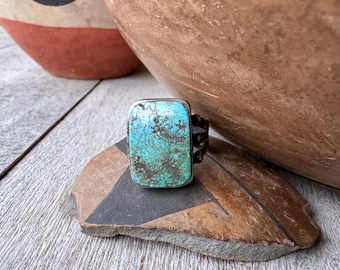 Simple Rectangle Matrixed Turquoise Ring Approx Size 9, Southwestern Jewelry