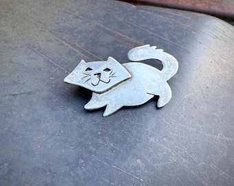 Vintage Sterling Silver Smiling Cat Pin, Cute Jewelry, Kitty Animal Lover Gift Under 30