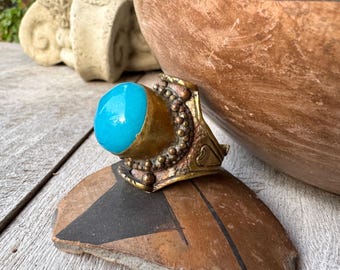 Vintage Tibetan Brass Saddle Ring Adj Size, Possibly Blue Chalcedony, Bohemian Tribal Jewelry