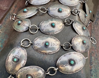 Vintage Sterling Silver Turquoise Concho Link Belt Approx 37", Navajo Style