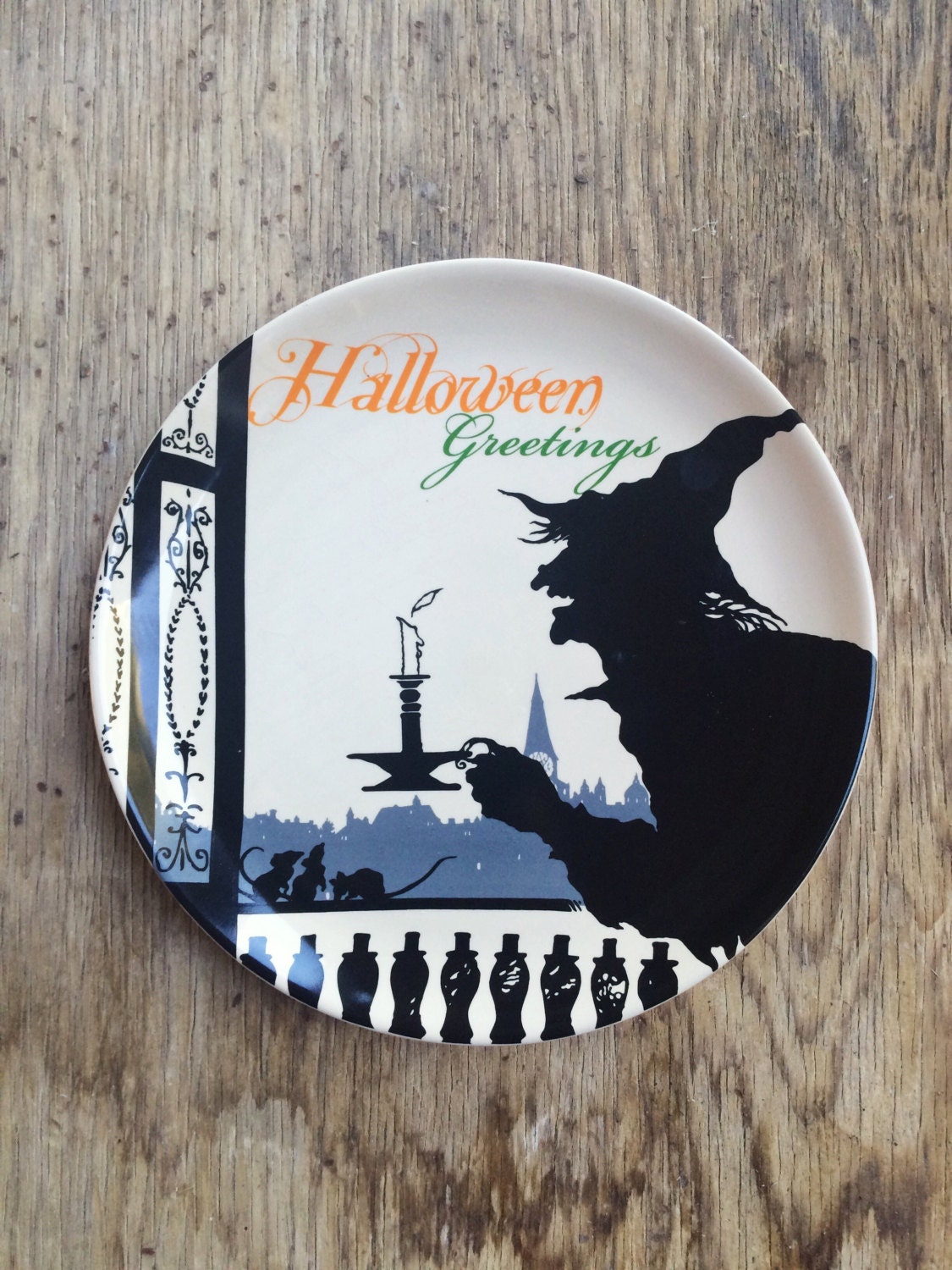Vintage Halloween plates with witches Trick or Treat skeleton Halloween