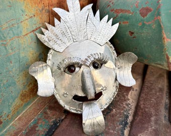 Small 1960s Tin Tourist Mask from Taxco of Mayan or Aztec Face Wall Hanging, Primitive Decor