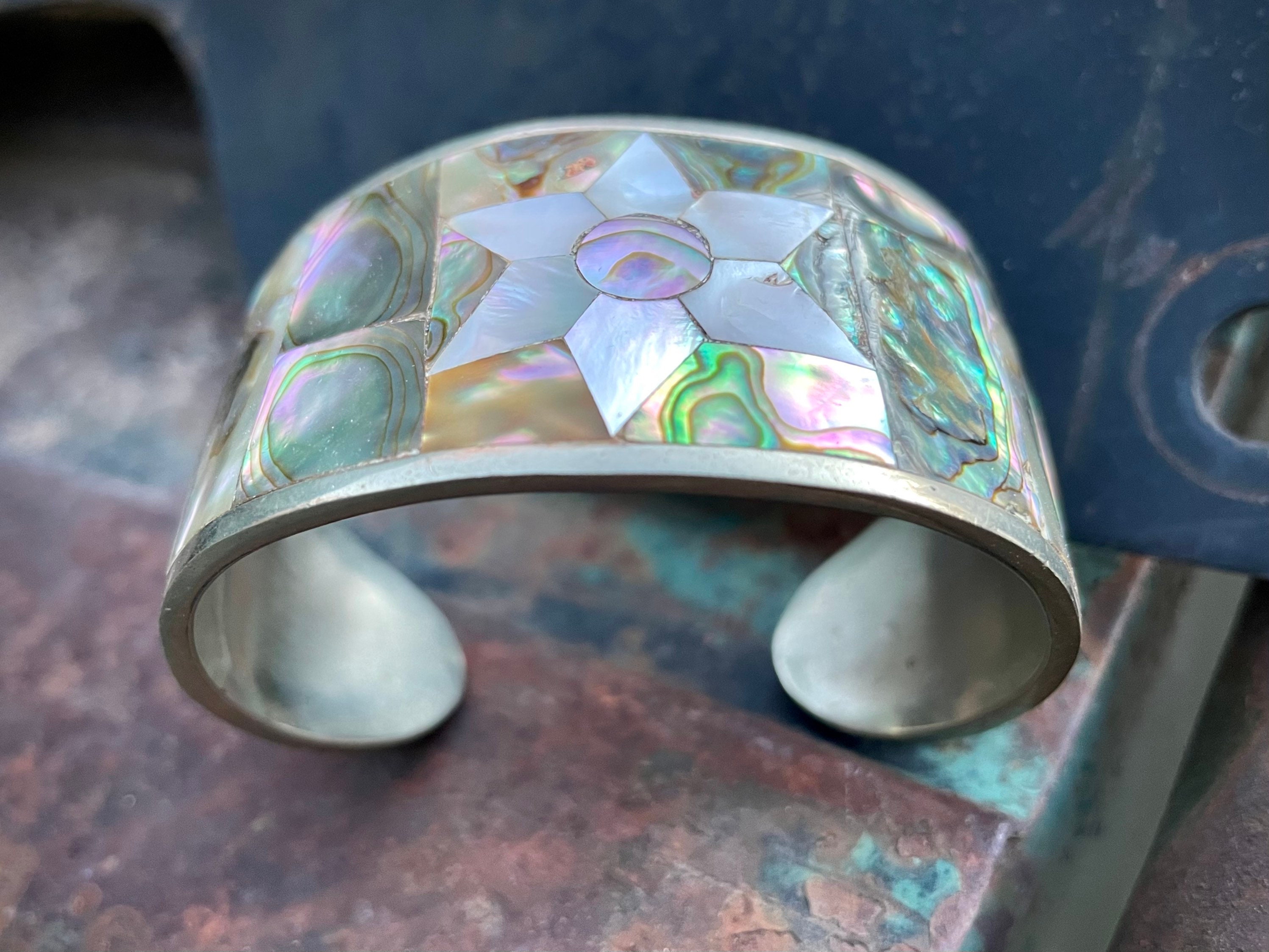 Vintage German Silver and Abalone Cuff Bracelet with Star Design