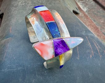 Laguna Franklin Carrillo Contemporary Channel Inlay Cuff Bracelet Multistone Lapis (Cracked)