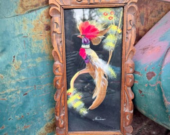 Vintage Framed Mexican Feather Art Red Exotic Bird Arteplumeria 6.75" x 12.75", Tropical Decor