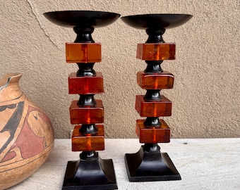 Pair of 1980s Zodax Candle Holders Metal with Stacked Cubes, Approx 10"