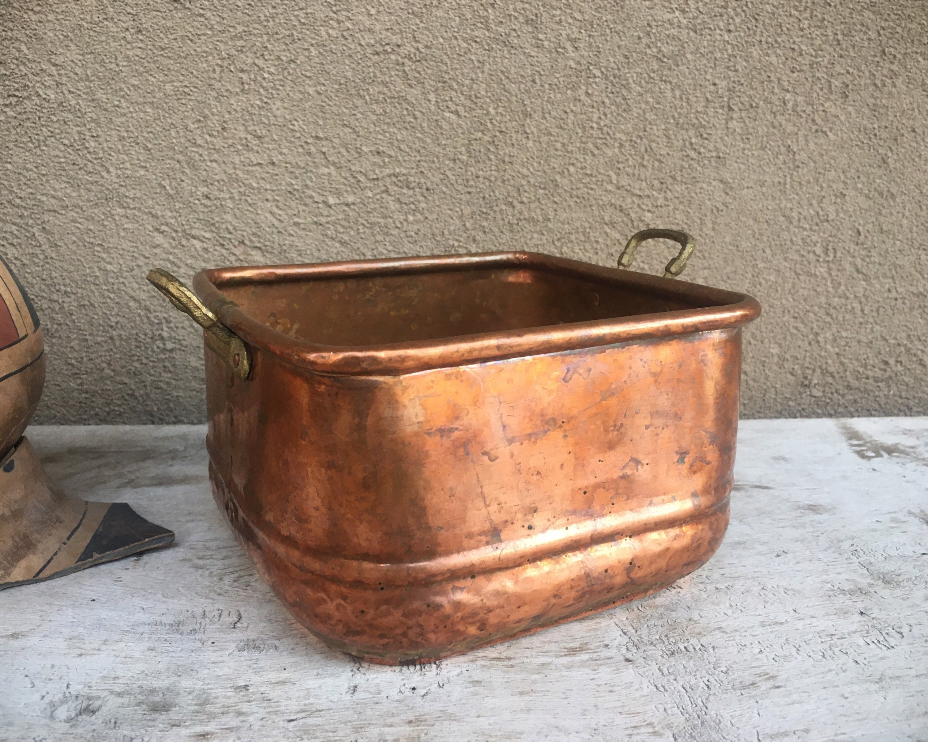 Small Vintage Copper Planter with Brass Handle, Flower Bin