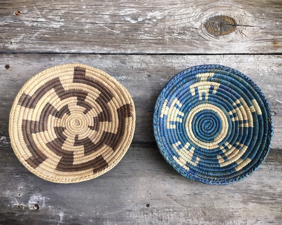 Very Small Flat Woven Basket Plate Bohemian Decor, Southwestern Decor