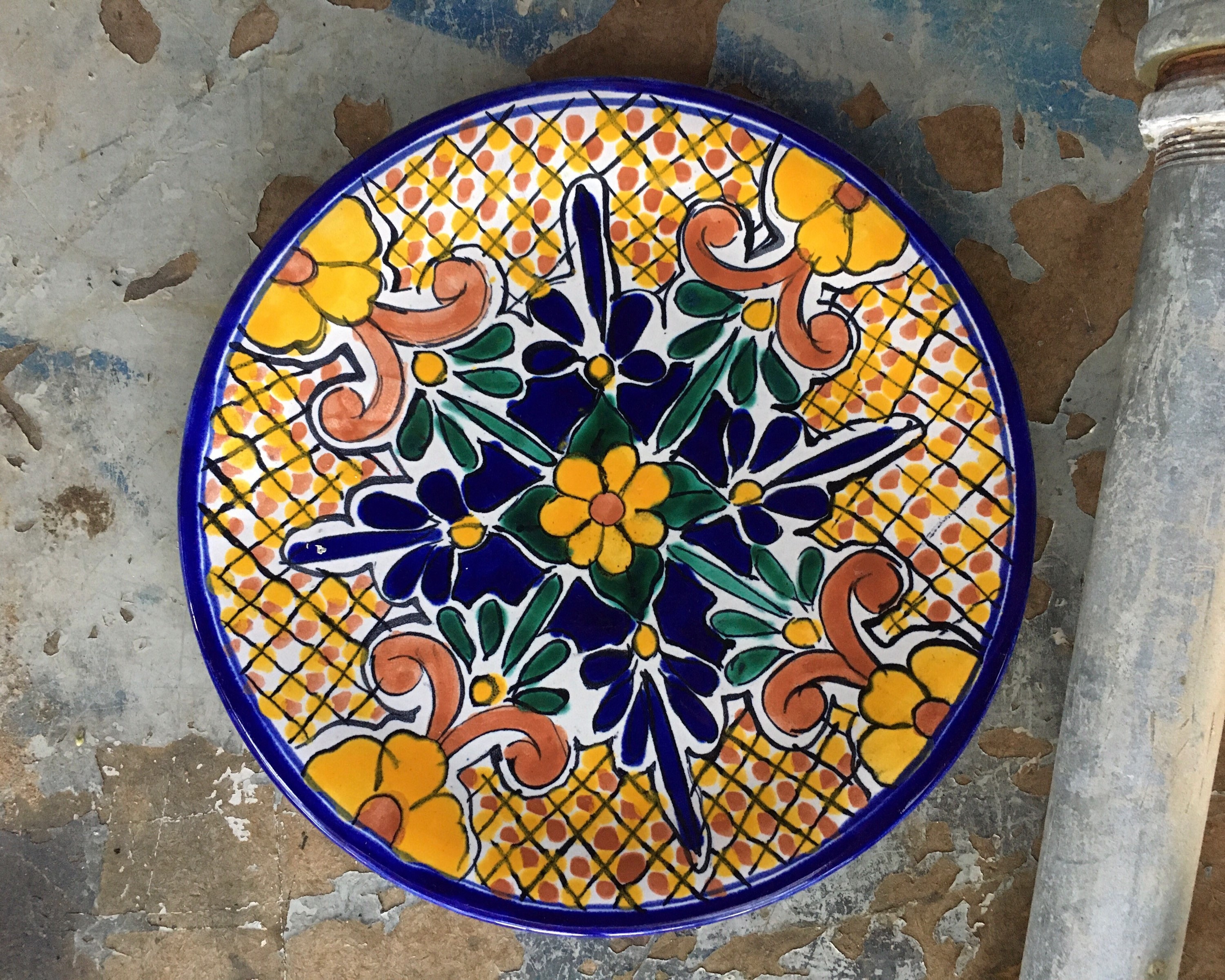 101/4 Mexican Talavera Plate Wall Hanging Yellow Blue, Rustic
