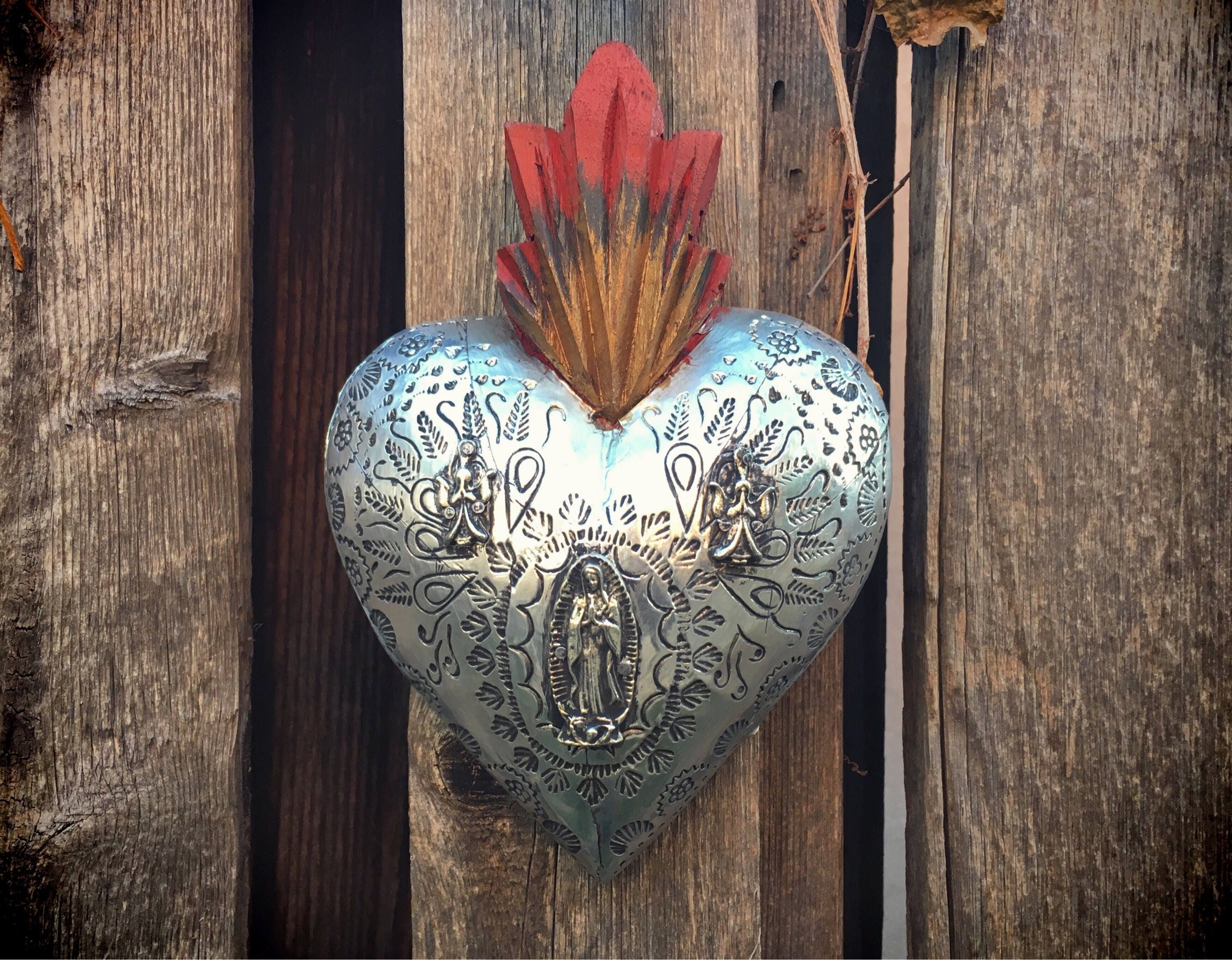 Sacred Heart Milagro Virgin Of Guadalupe Ex Voto Rustic Wall Decor
