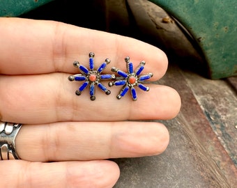 Vintage Lapis Lazuli Coral Star Post Earrings, Zuni Native American Indian Jewelry, Gift for Aunt Mother, Old Pawn