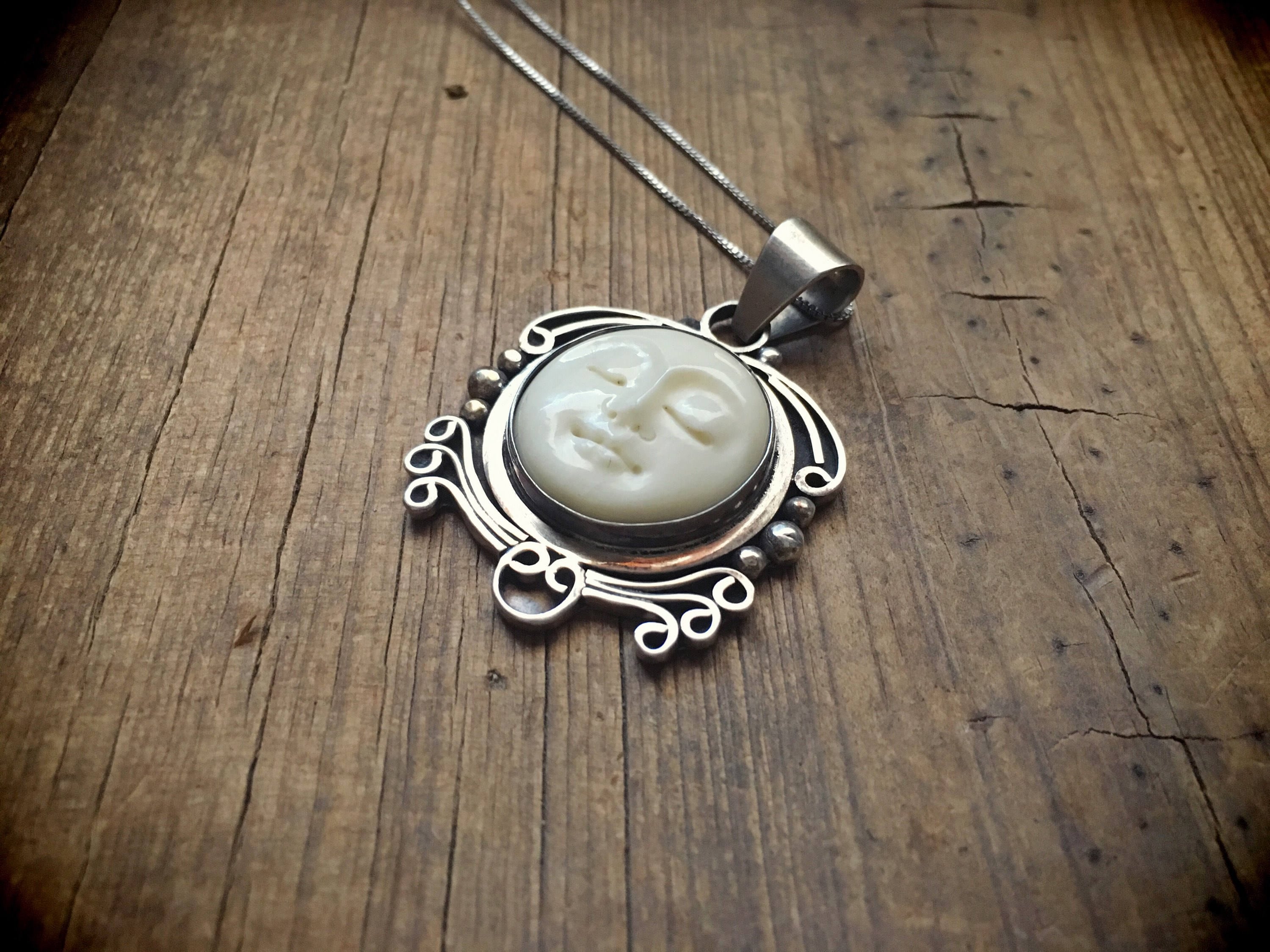 Vintage Maiden Moon Pendant Necklace Sterling Silver Bone